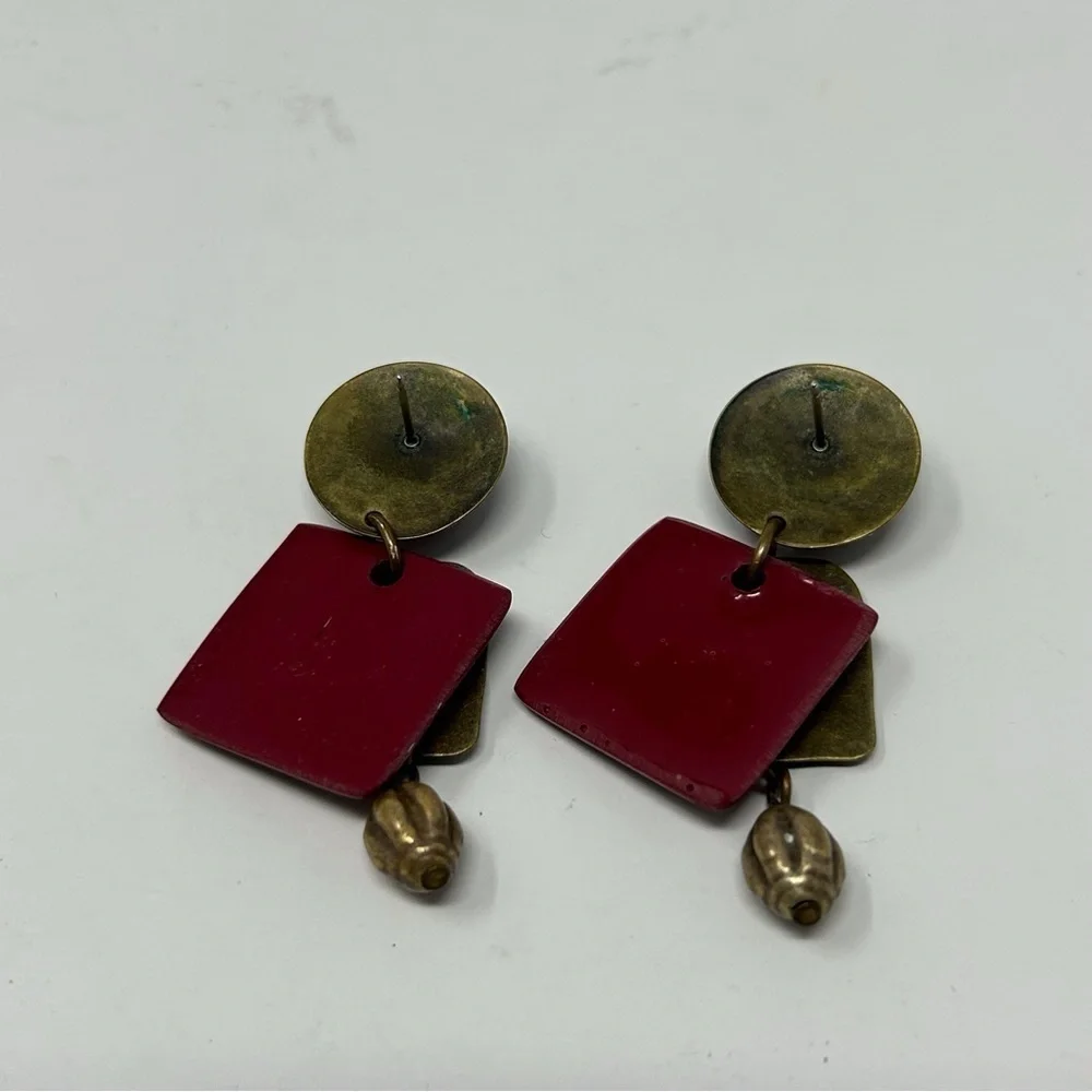 Boho Red Swirl Stud Dangle Earrings with Bronze Swirl Knotted Design Unique